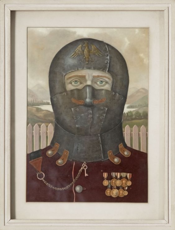 Surrealistisches Portrait mit Gesichtsrüstung